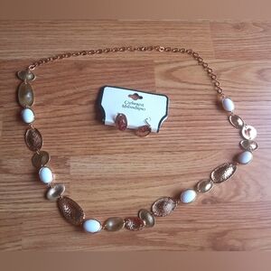 P**  NEW ladies jewelry, long necklace and earrings set in goldtone and white